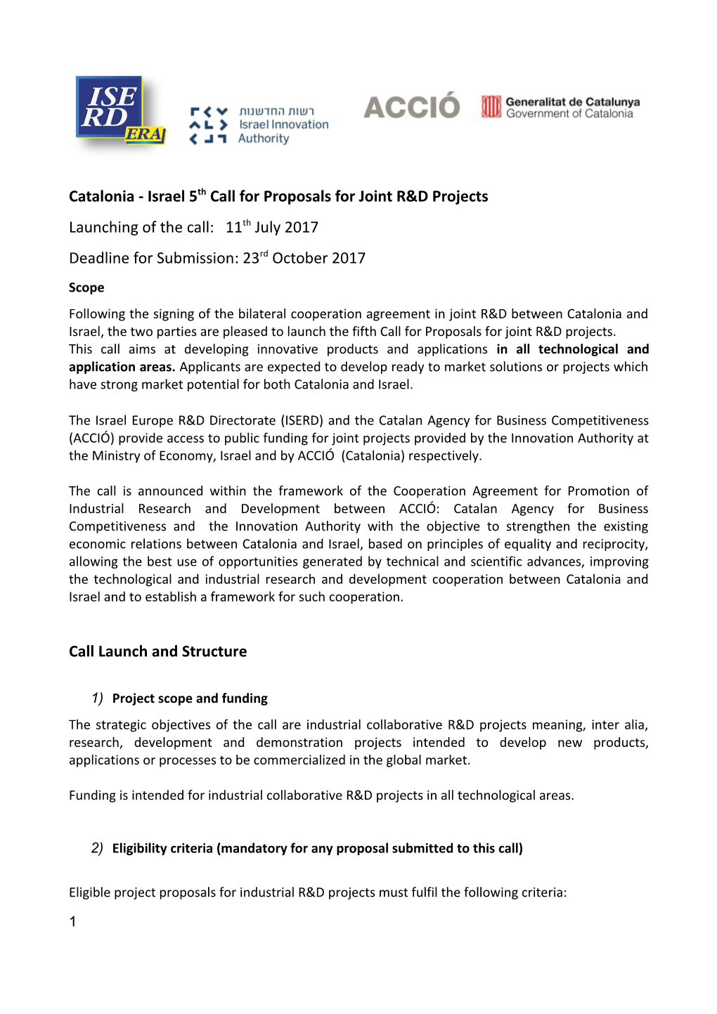 Catalonia - Israel 5Th Call for Proposals for Joint R&D Projects