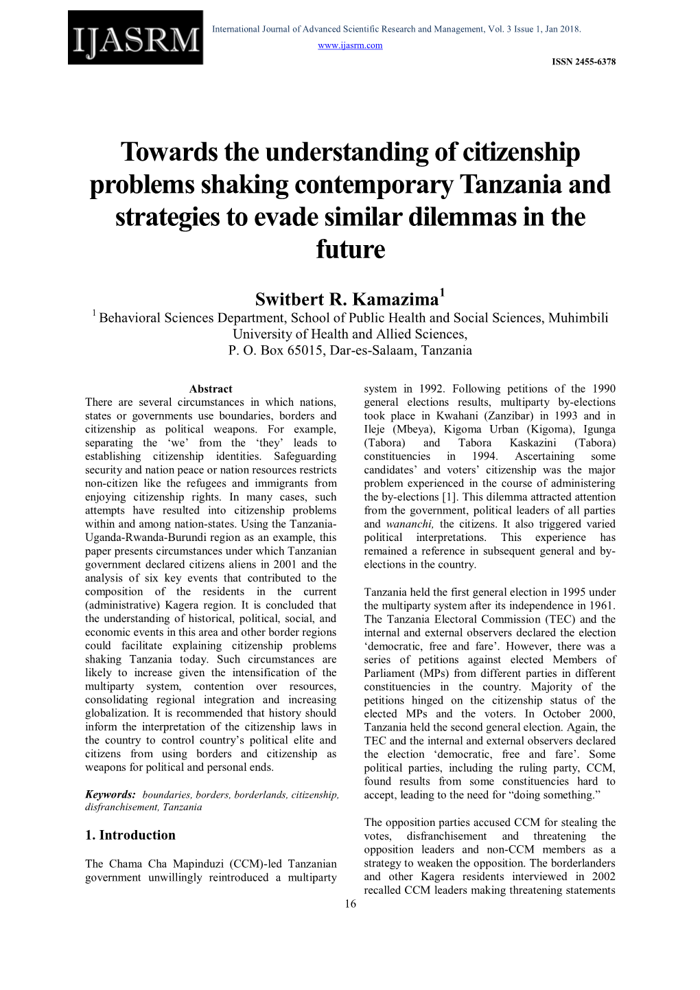 Towards the Understanding of Citizenship Problems Shaking Contemporary Tanzania and Strategies to Evade Similar Dilemmas in the Future