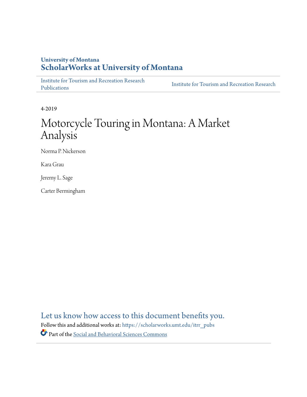 Motorcycle Touring in Montana: a Market Analysis Norma P