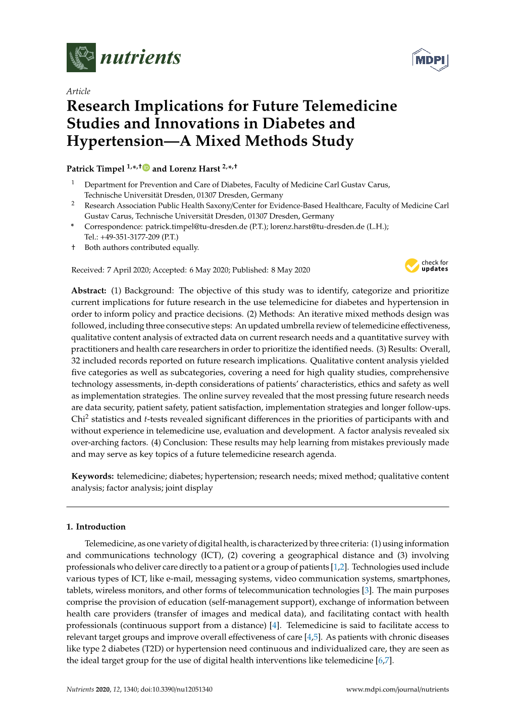 Research Implications for Future Telemedicine Studies and Innovations in Diabetes and Hypertension—A Mixed Methods Study