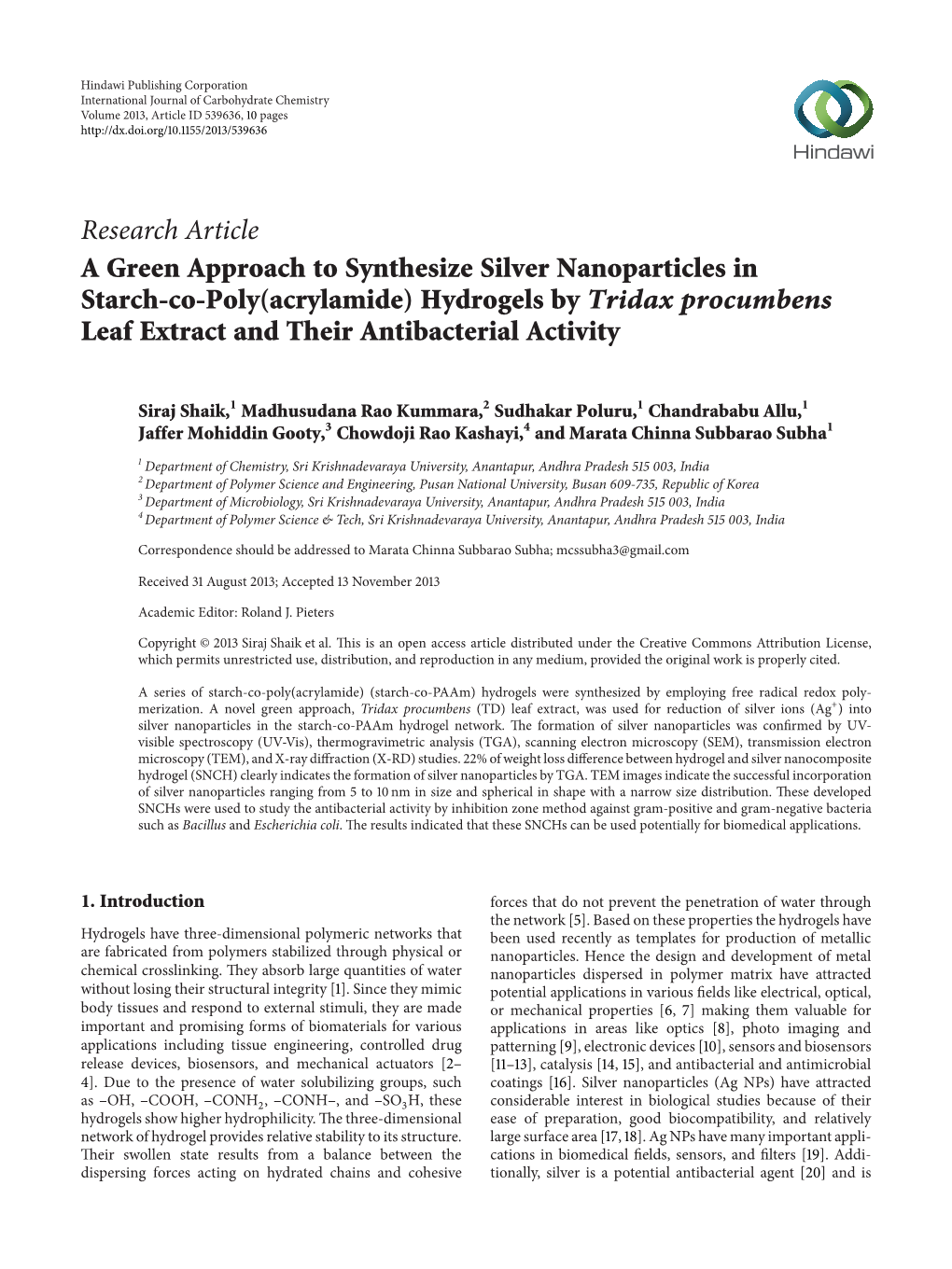 (Acrylamide) Hydrogels by Tridax Procumbens Leaf Extract and Their Antibacterial Activity