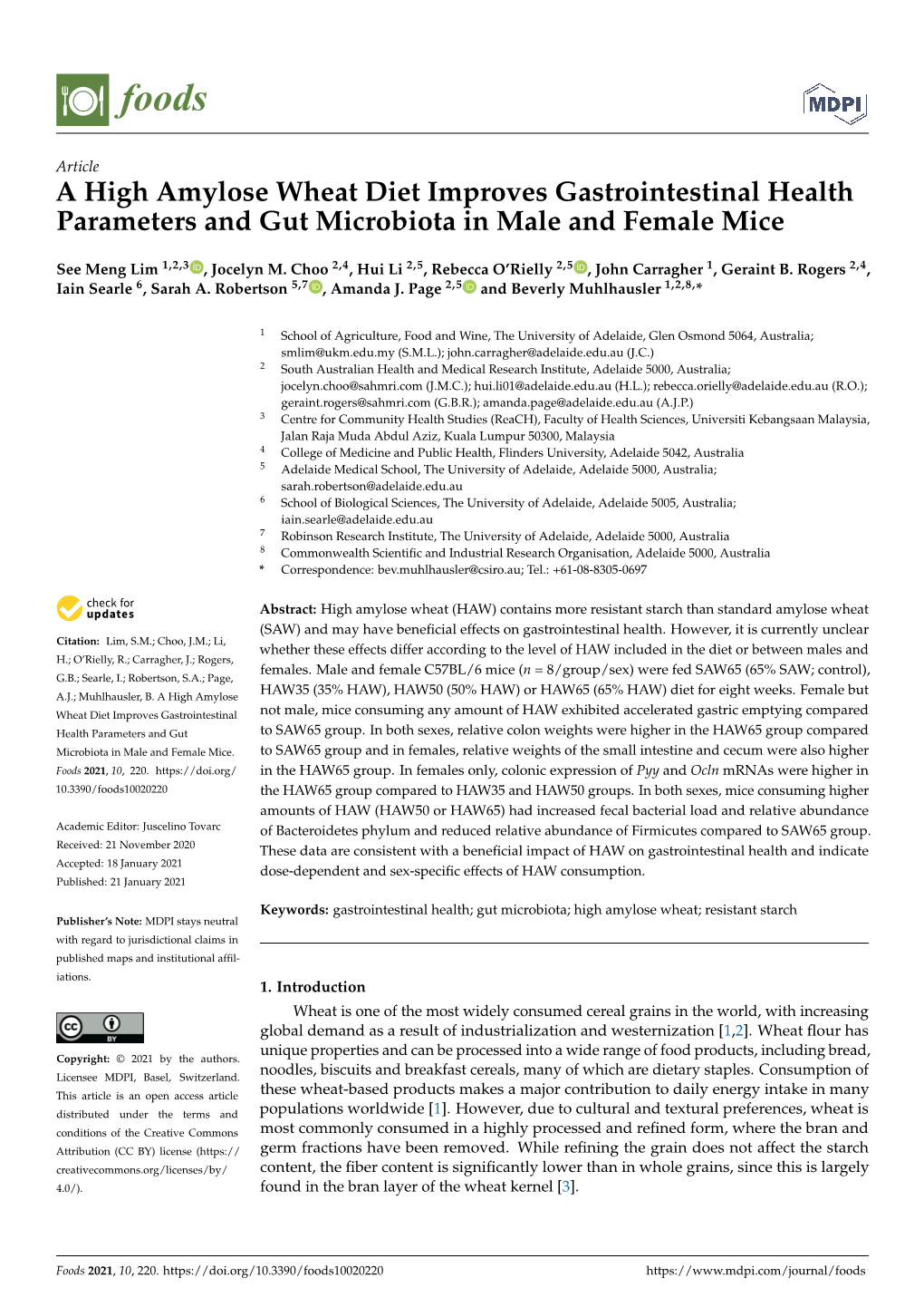 A High Amylose Wheat Diet Improves Gastrointestinal Health Parameters and Gut Microbiota in Male and Female Mice