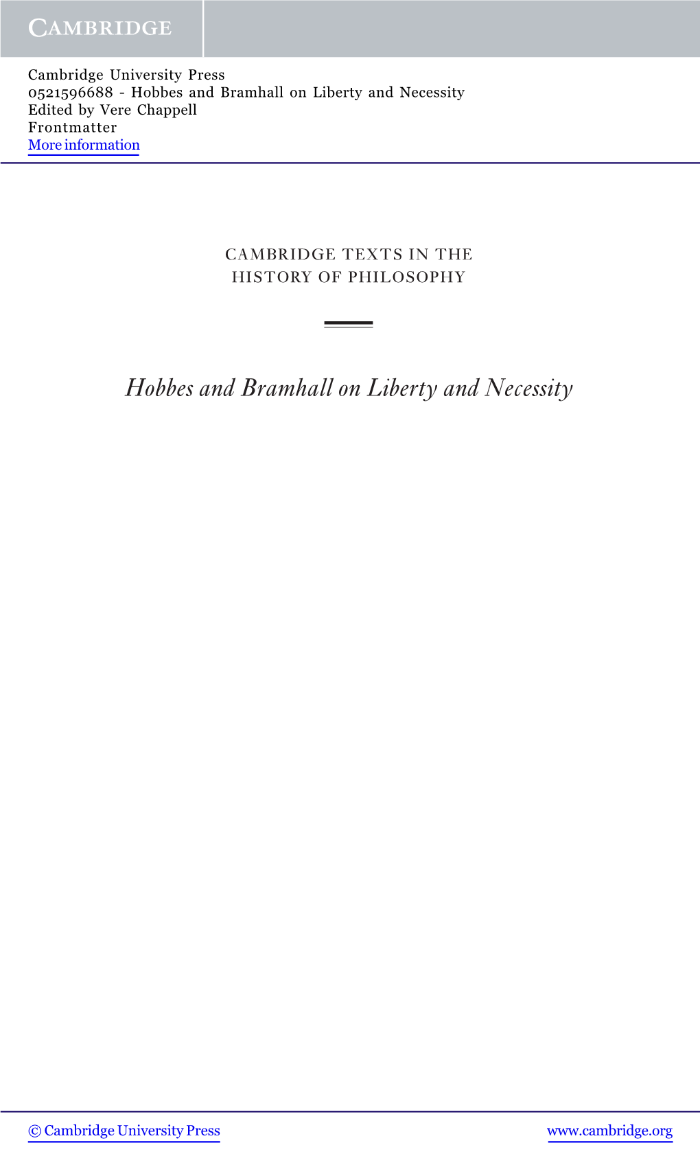 Hobbes and Bramhall on Liberty and Necessity Edited by Vere Chappell Frontmatter More Information