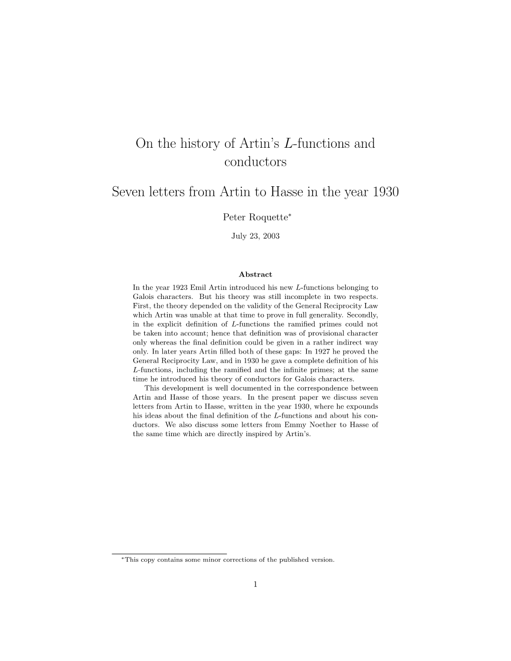 On the History of Artin's L-Functions and Conductors Seven Letters from Artin to Hasse in the Year 1930