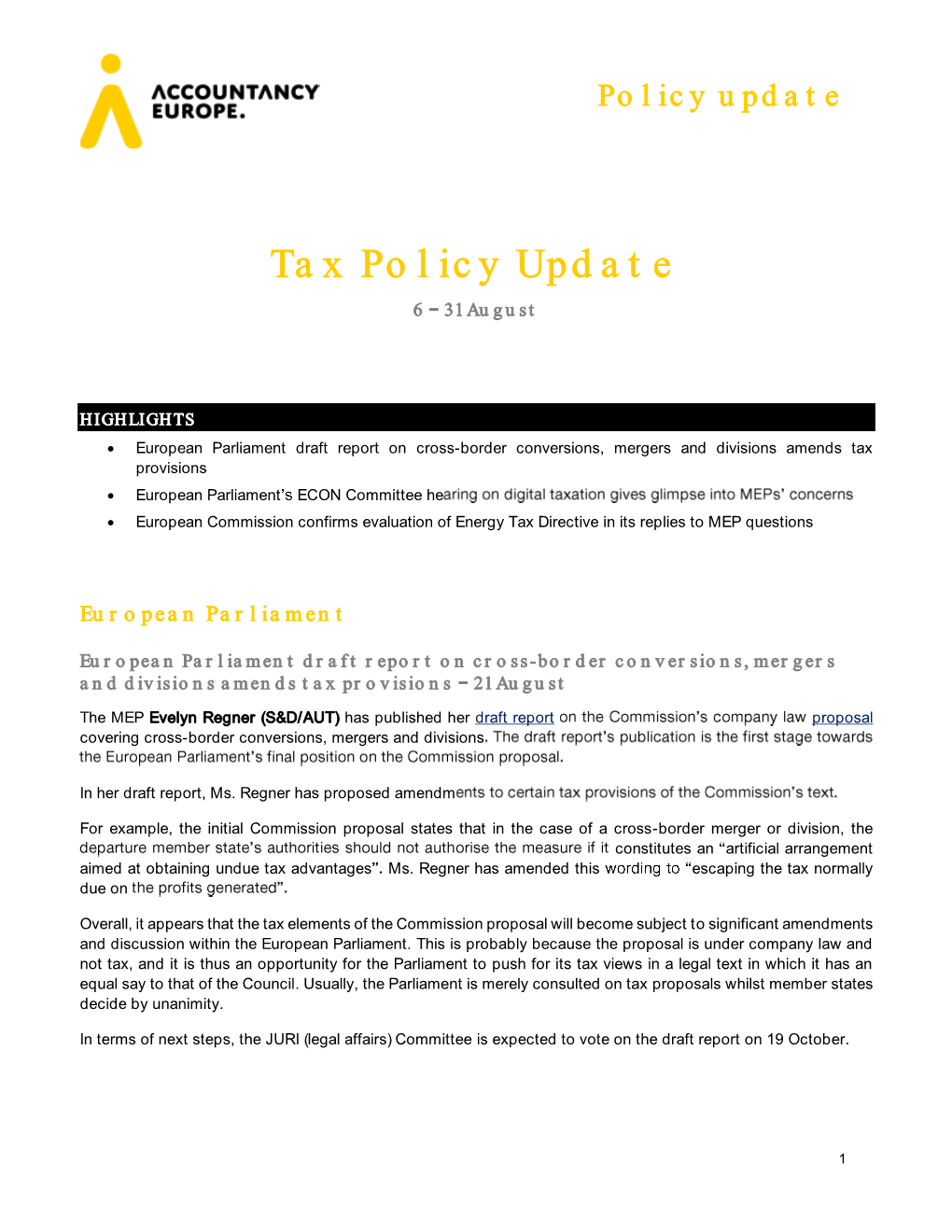 Tax Policy Update 6 August