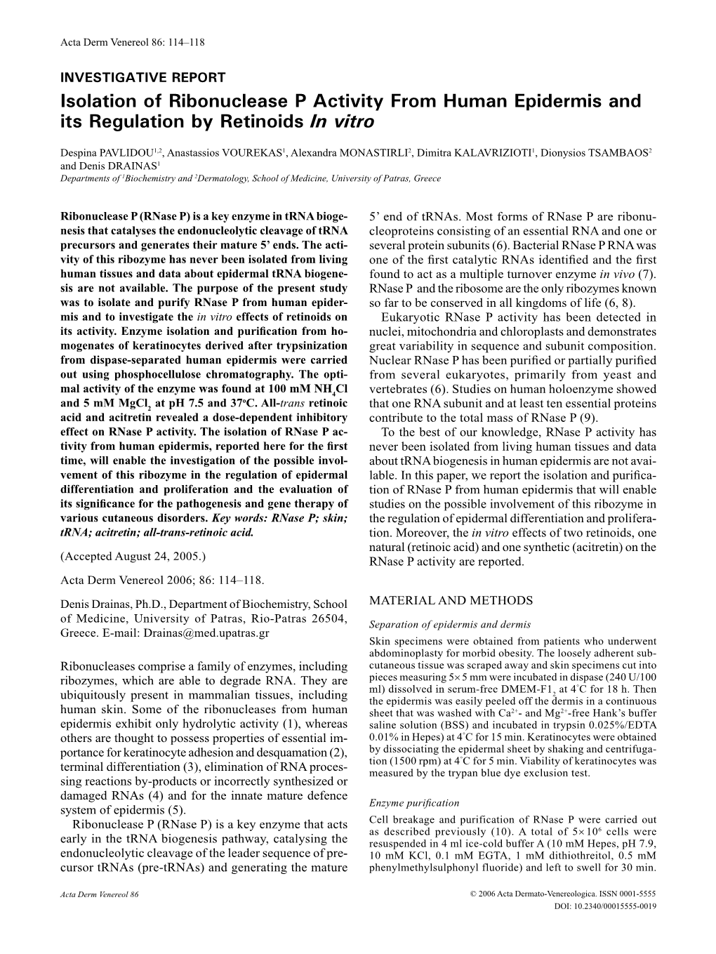 Isolation of Ribonuclease P Activity from Human Epidermis and Its Regulation by Retinoids in Vitro