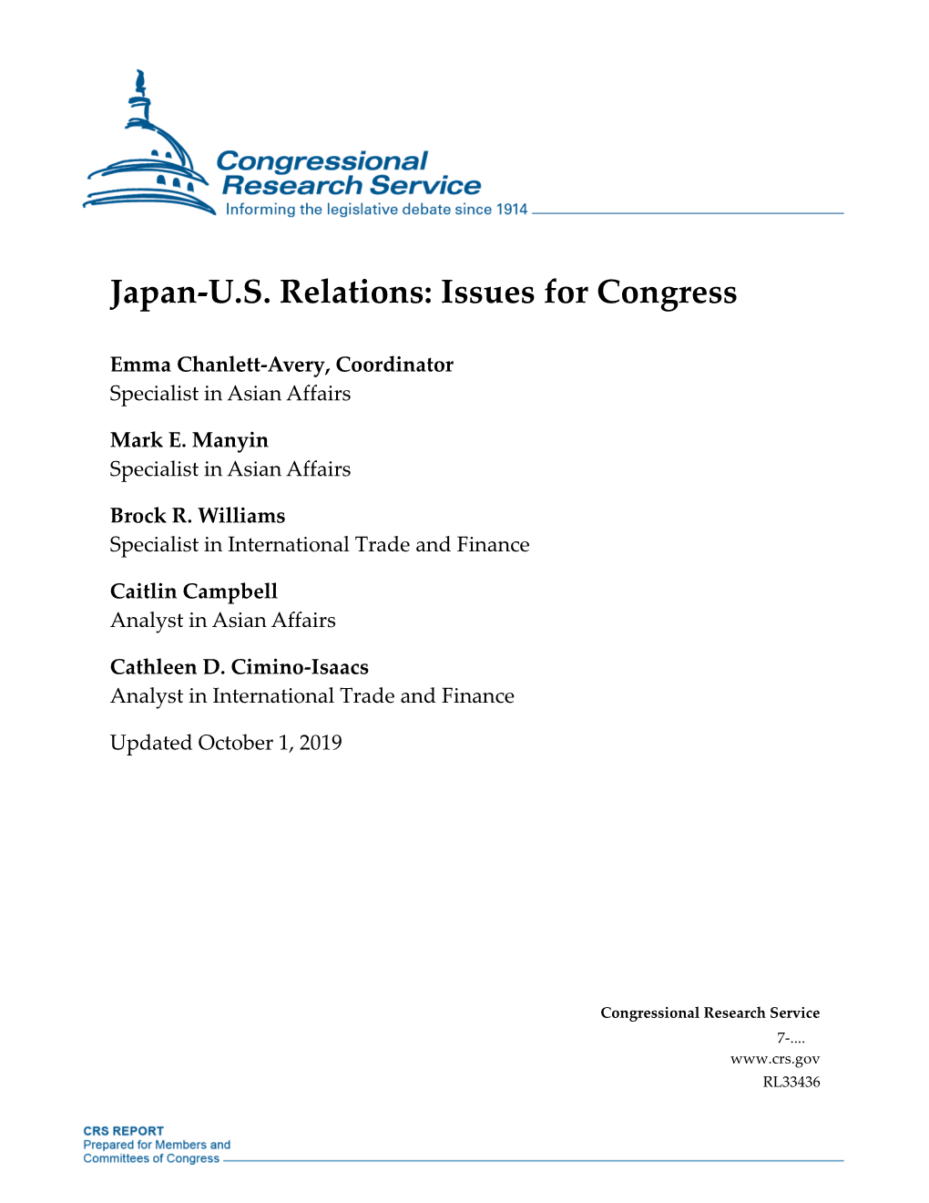 Japan-U.S. Relations: Issues for Congress