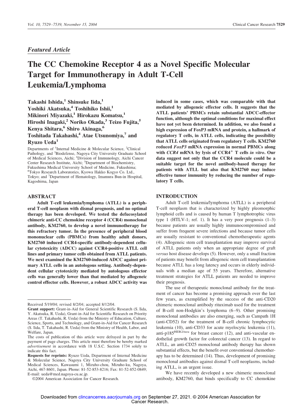 The CC Chemokine Receptor 4 As a Novel Specific Molecular Target for Immunotherapy in Adult T-Cell Leukemia/Lymphoma