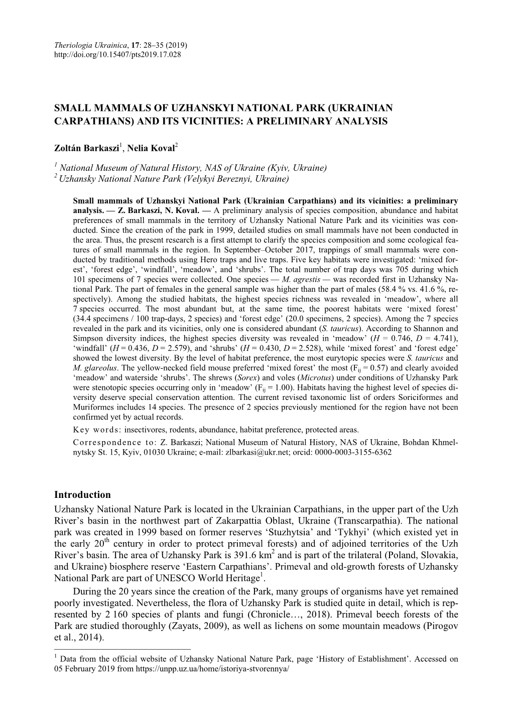 Small Mammals of Uzhanskyi National Park (Ukrainian Carpathians) and Its Vicinities: a Preliminary Analysis