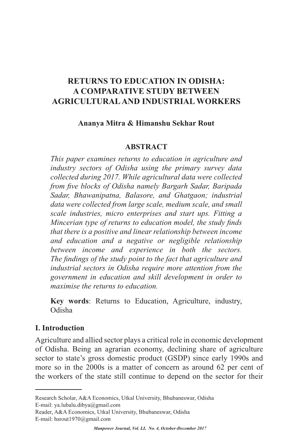 Returns to Education in Odisha: a Comparative Study Between Agricultural and Industrial Workers