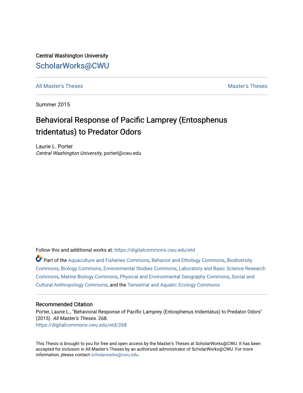 Behavioral Response of Pacific Lamprey (Entosphenus Tridentatus) to Predator Odors