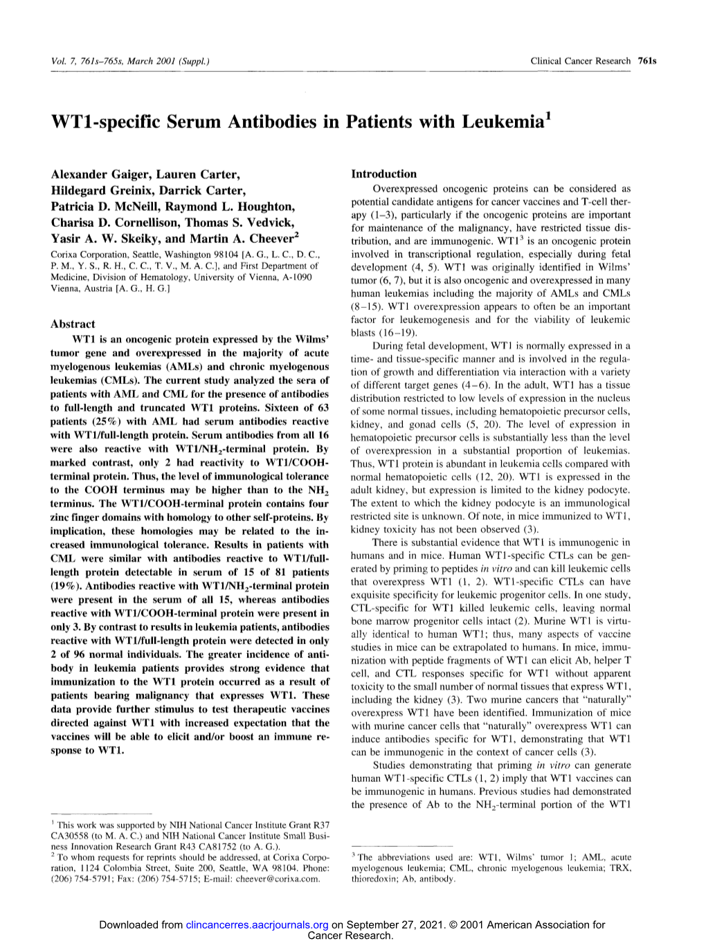 Wtl-Specific Serum Antibodies in Patients with Leukemia 1