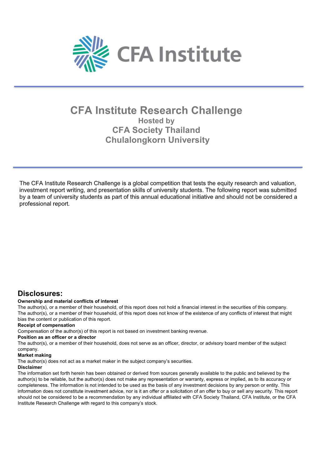 CFA Institute Research Challenge Hosted by CFA Society Thailand Chulalongkorn University