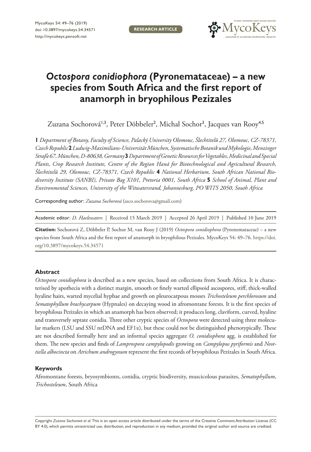 Octospora Conidiophora – a New Species from South Africa