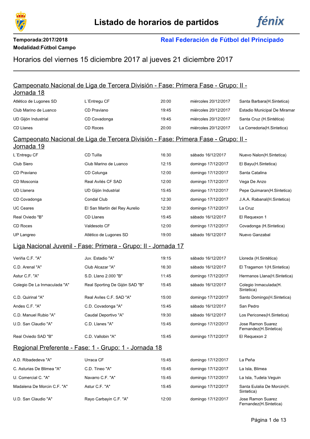 Listado De Horarios De Partidos