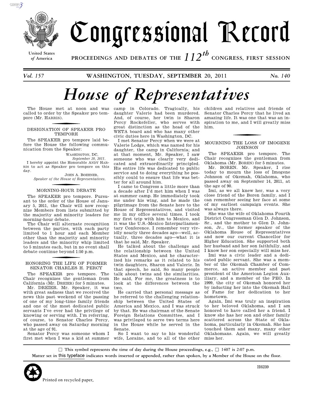 Congressional Record United States Th of America PROCEEDINGS and DEBATES of the 112 CONGRESS, FIRST SESSION