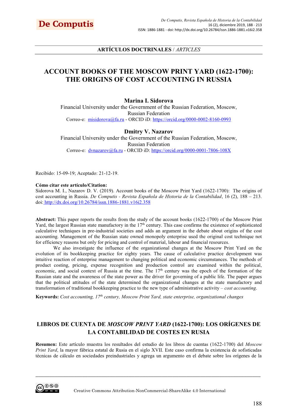 Account Books of the Moscow Print Yard (1622-1700): the Origins of Cost Accounting in Russia