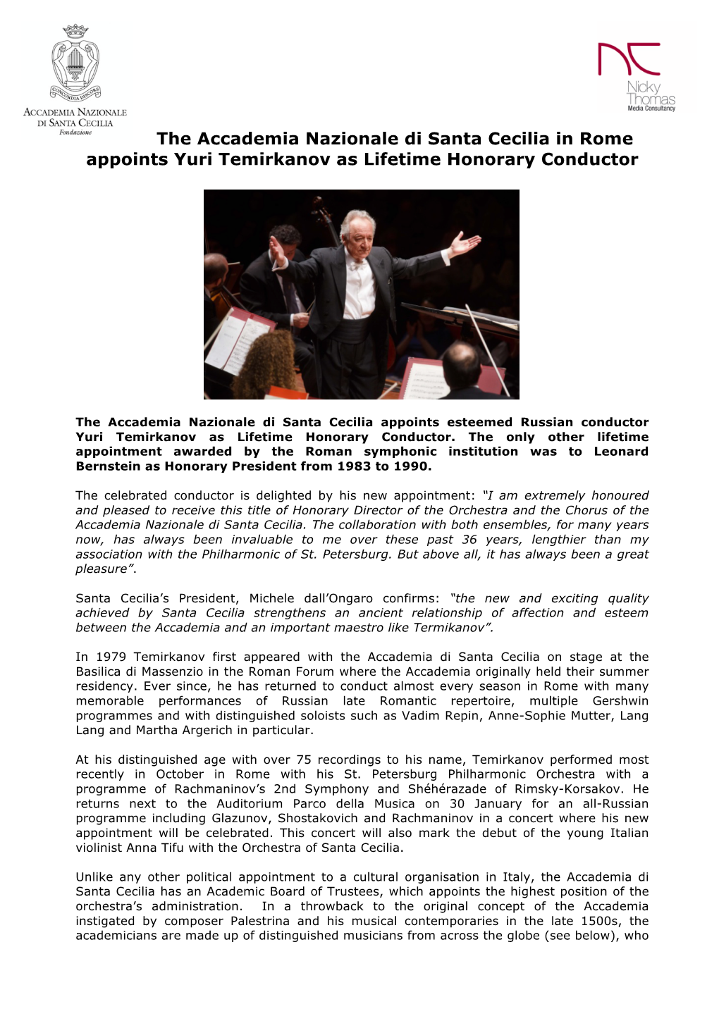 The Accademia Nazionale Di Santa Cecilia in Rome Appoints Yuri Temirkanov As Lifetime Honorary Conductor
