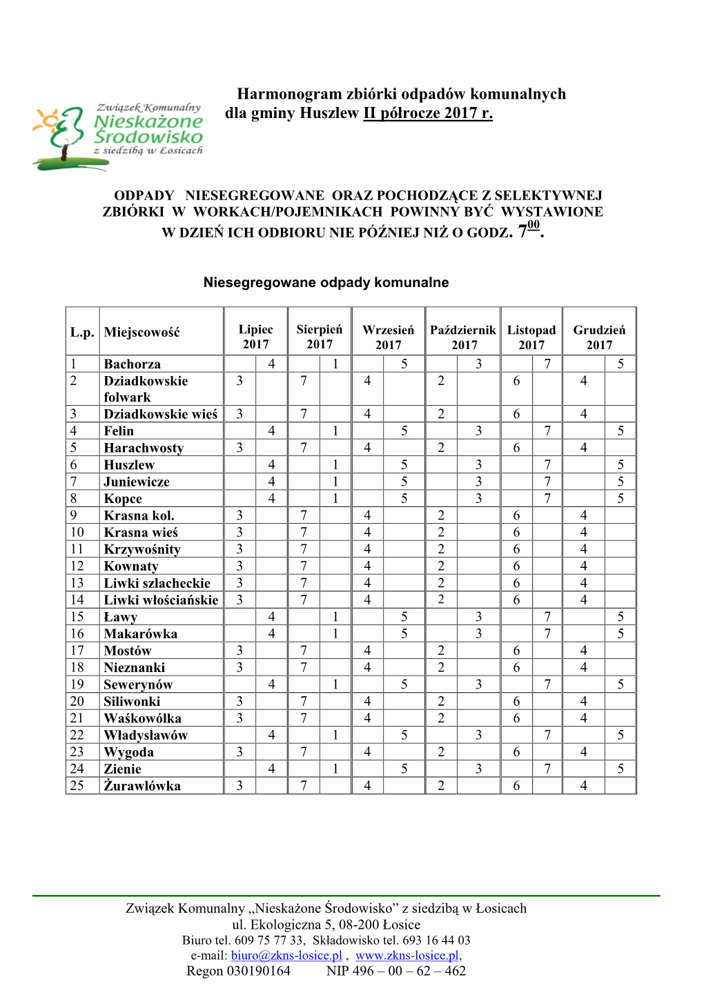 Grafik Zbiórki Odpadów Komunalnych Dla Gminy Korczew II Półrocze 2013 R