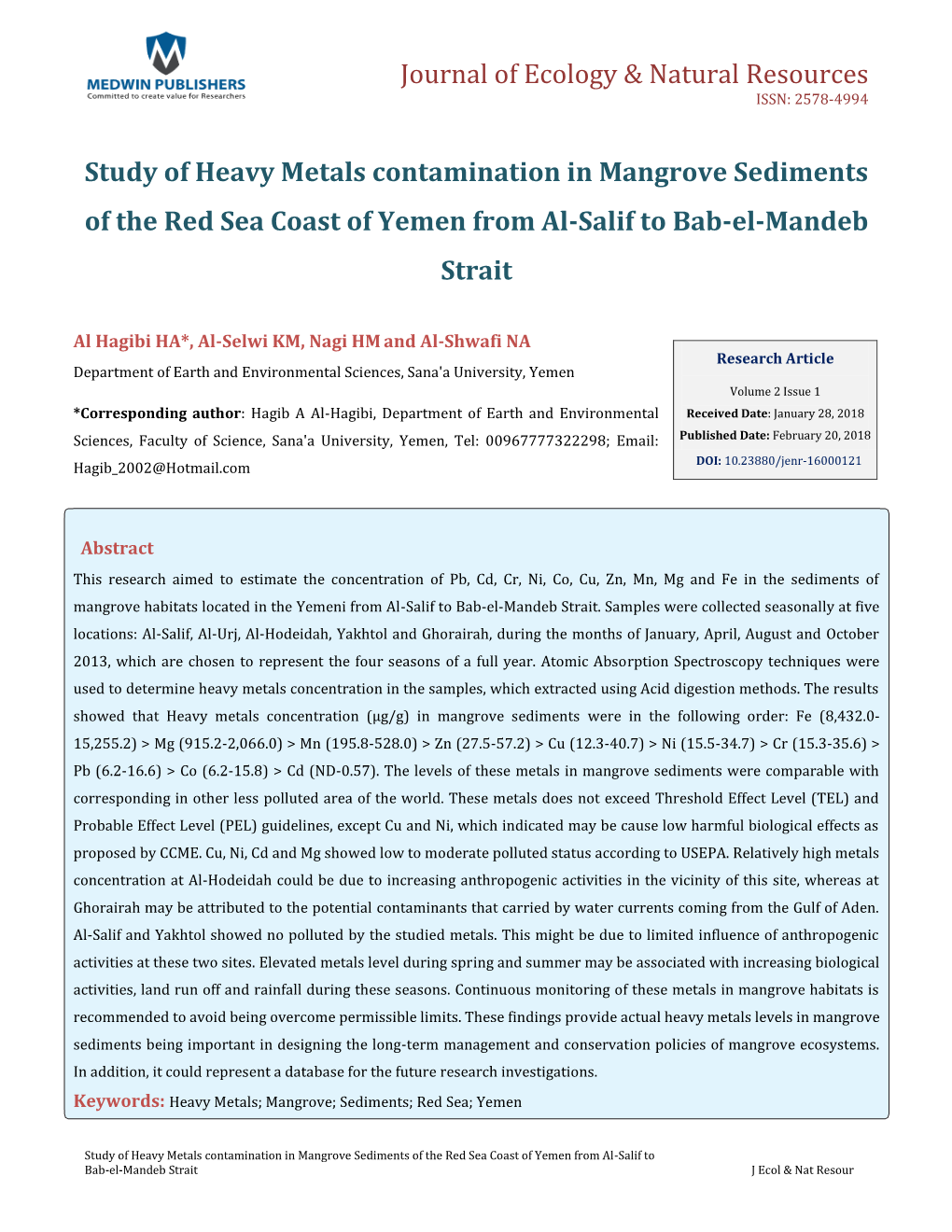 Study of Heavy Metals Contamination in Mangrove Sediments of the Red Sea Coast of Yemen from Al-Salif to Bab-El-Mandeb Strait