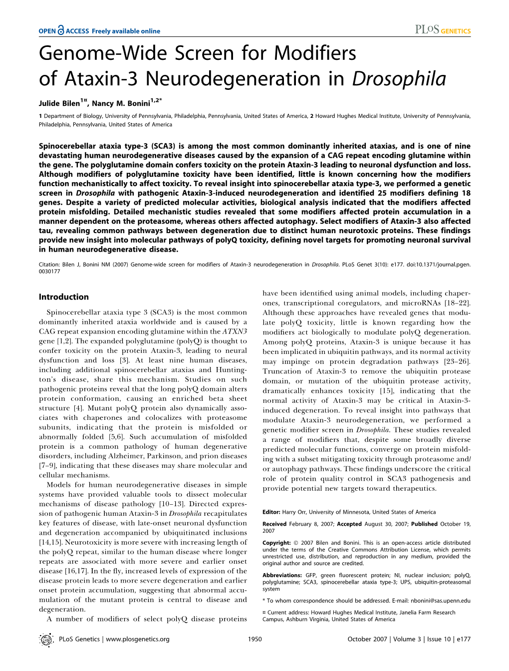 Genome-Wide Screen for Modifiers of Ataxin-3 Neurodegeneration in Drosophila