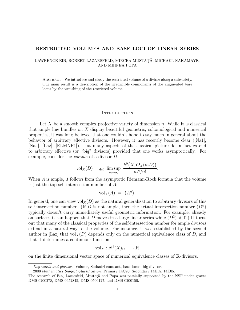 Restricted Volumes and Base Loci of Linear Series