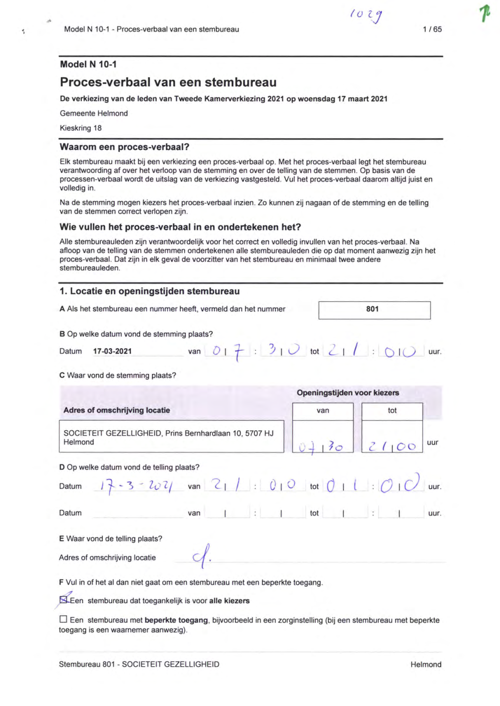 Proces-Verbaal Van Een Stembureau 1 / 65