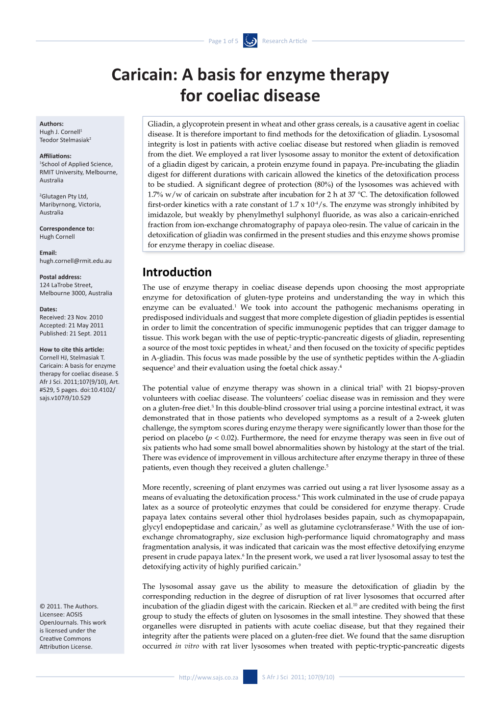 Caricain: a Basis for Enzyme Therapy for Coeliac Disease