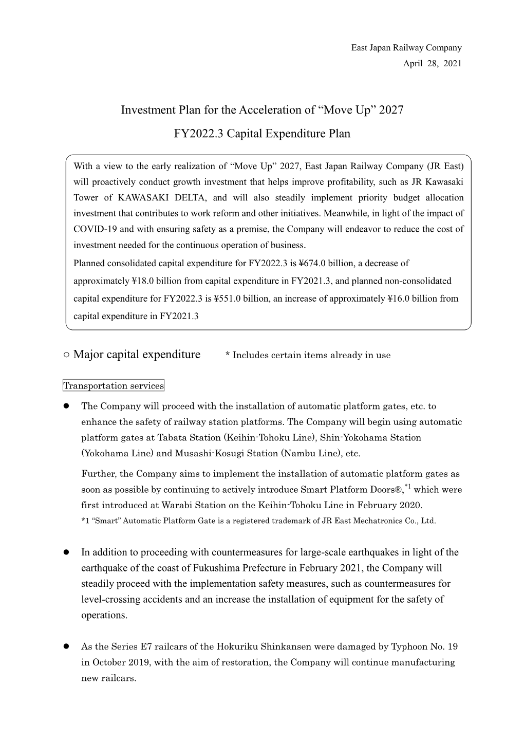 Investment Plan for the Acceleration of “Move Up” 2027 FY2022.3 Capital Expenditure Plan