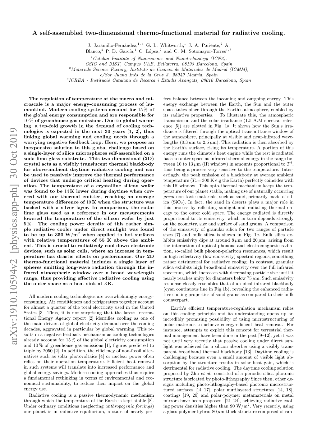 A Self-Assembled Two-Dimensional Thermo-Functional Material for Radiative Cooling