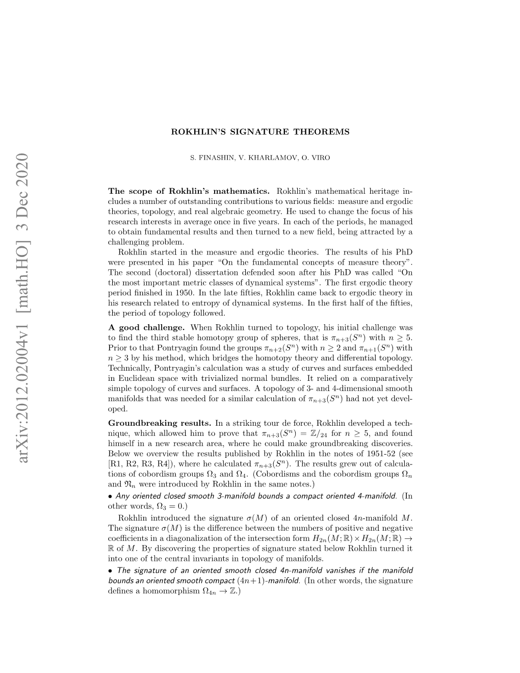 Arxiv:2012.02004V1 [Math.HO] 3 Dec 2020 Ooti Udmna Eut N Hntre Oanwﬁl,Being ﬁeld, New Pe a the to of Turned Each Then Problem