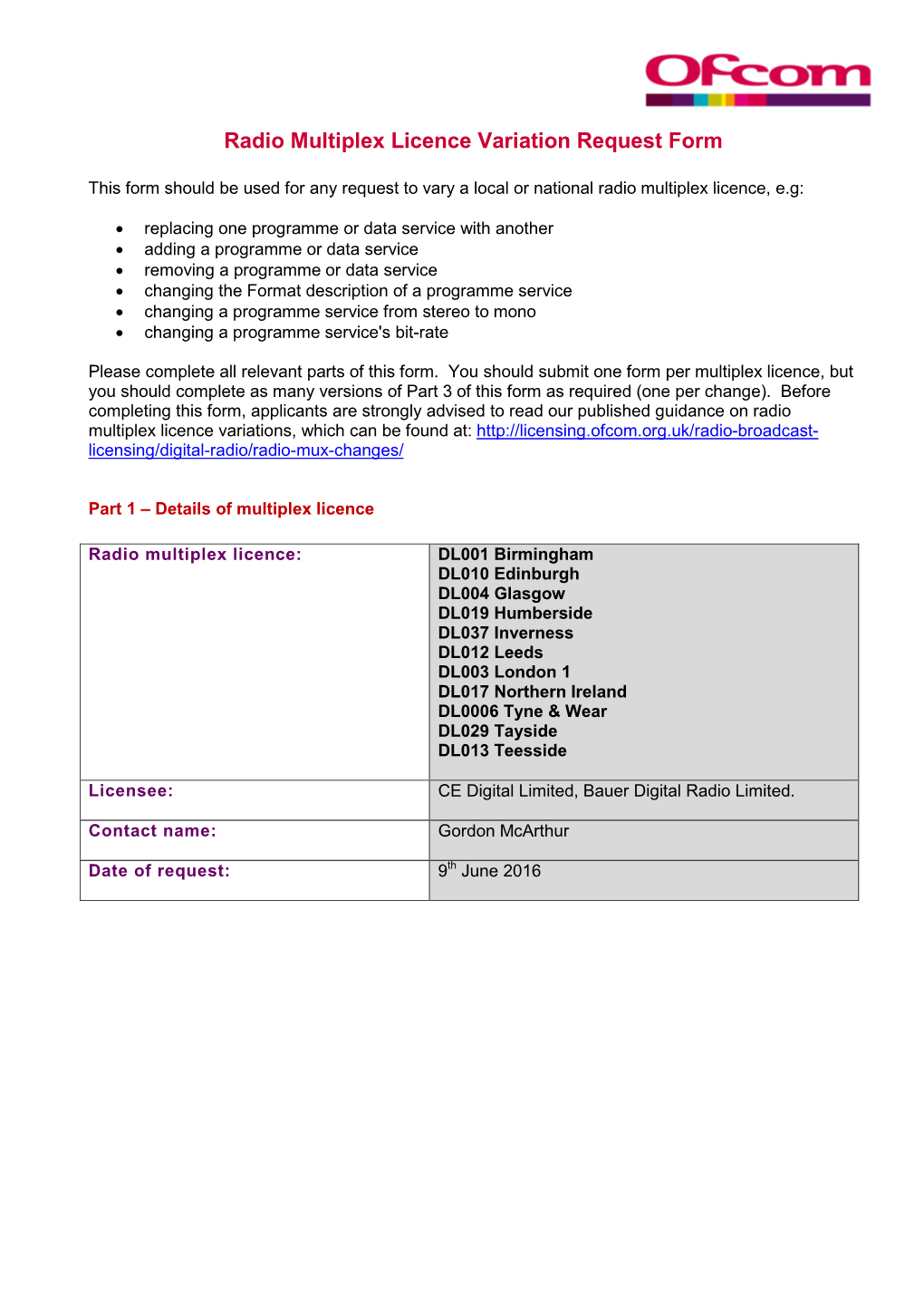 Radio Multiplex Licence Variation Request Form