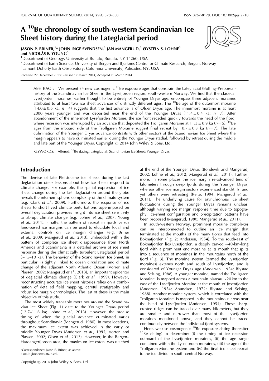 A 10Be Chronology of Southwestern Scandinavian Ice Sheet History