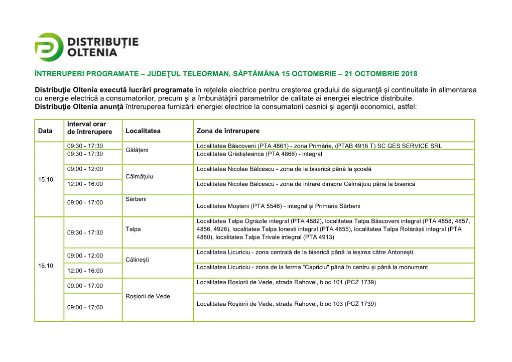 Întreruperi Programate – Judeţul Teleorman, Săptămâna 15 Octombrie – 21 Octombrie 2018