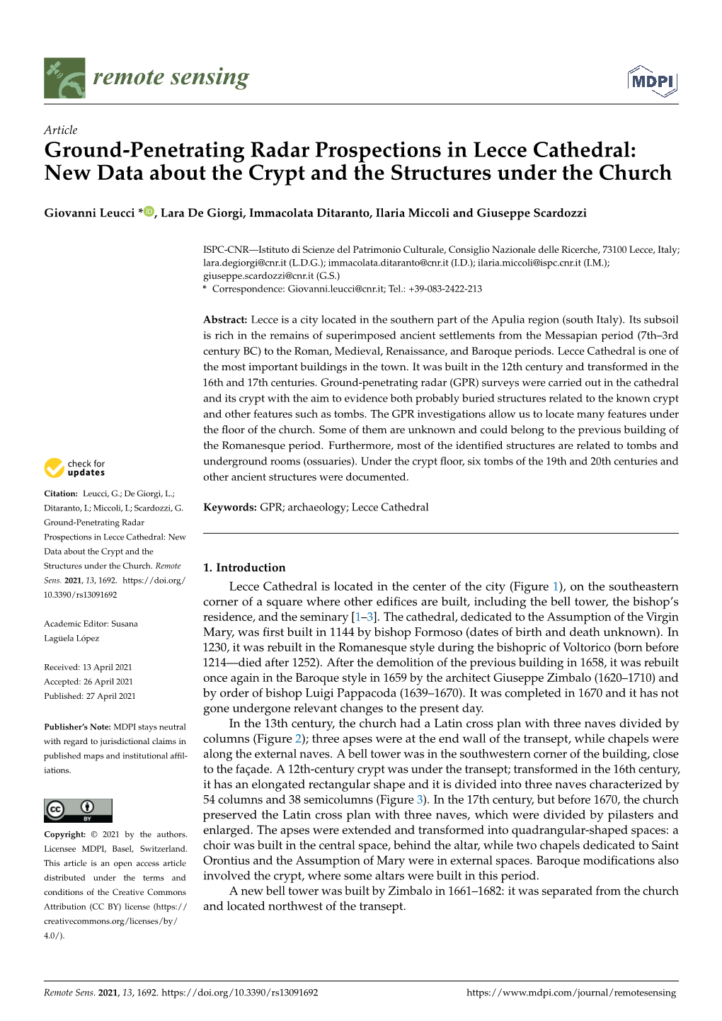 Ground-Penetrating Radar Prospections in Lecce Cathedral: New Data About the Crypt and the Structures Under the Church