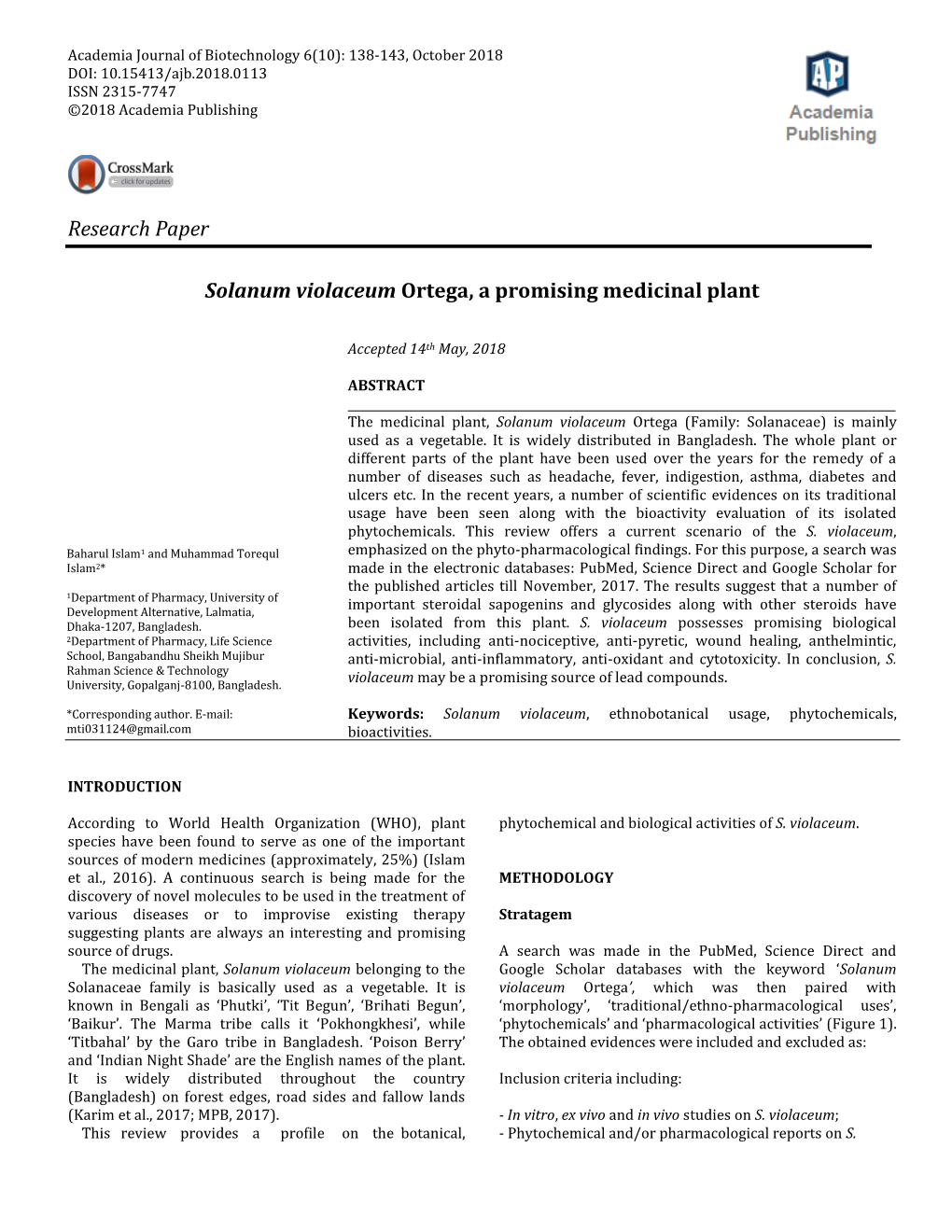 Research Paper Solanum Violaceum Ortega, a Promising Medicinal Plant