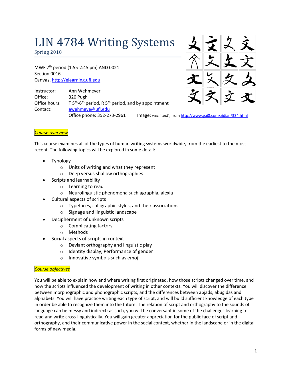 LIN 4784 Writing Systems Spring 2018