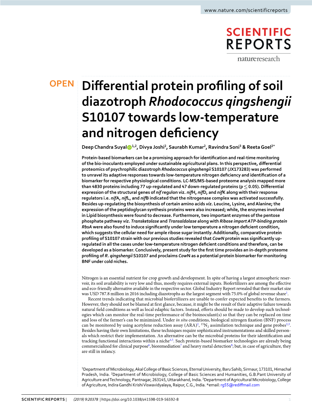 Differential Protein Profiling of Soil Diazotroph Rhodococcus