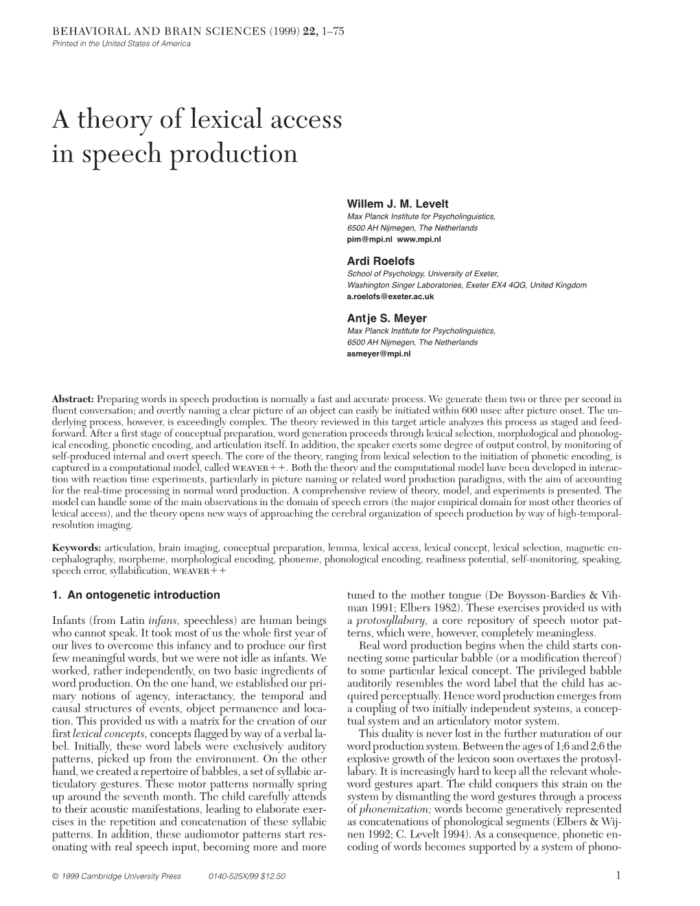 A Theory of Lexical Access in Speech Production