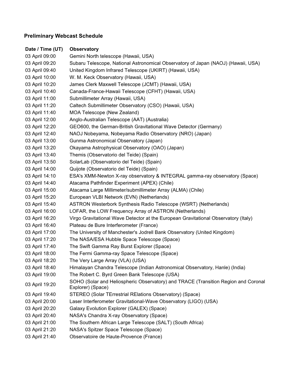 Webcast Schedule