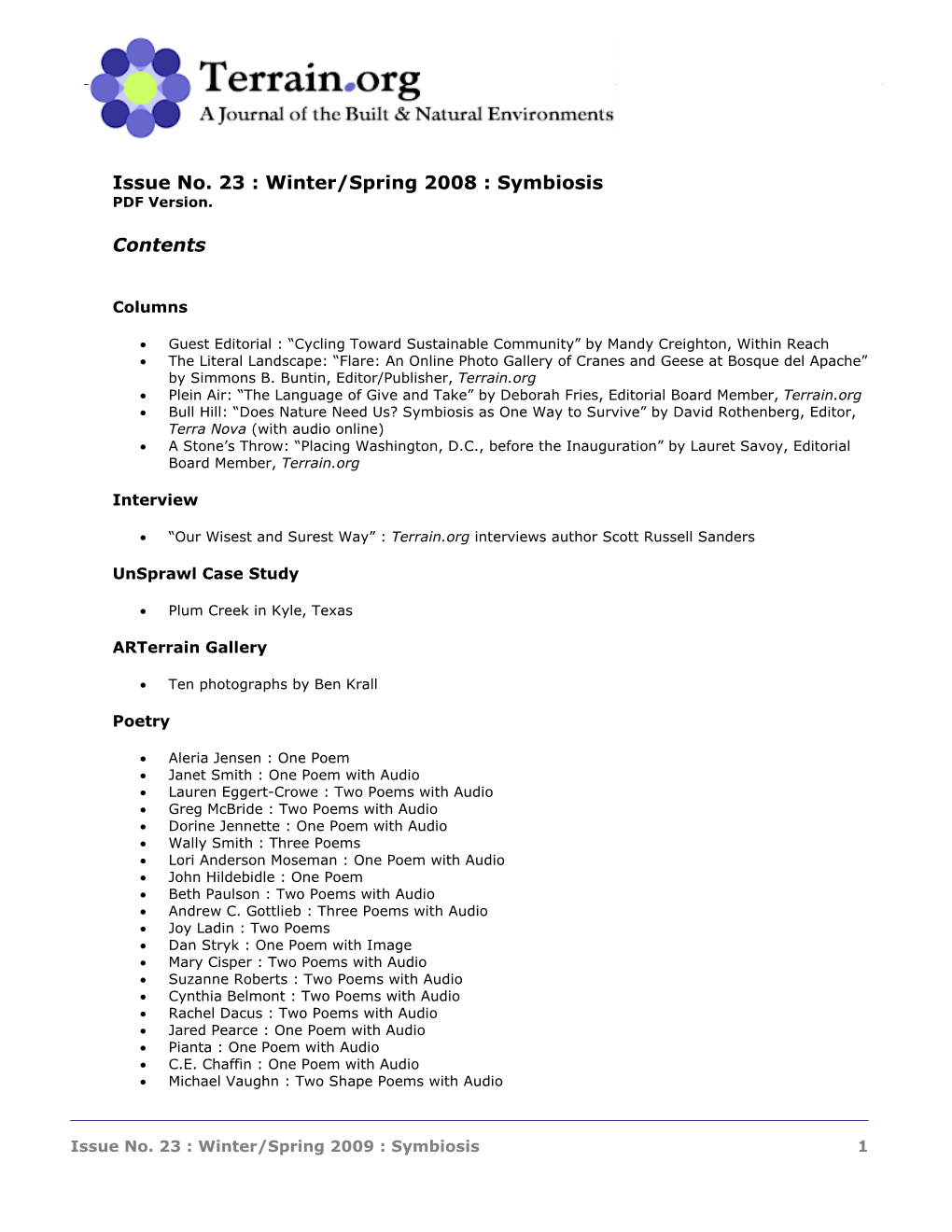 Issue No. 23 : Winter/Spring 2008 : Symbiosis PDF Version