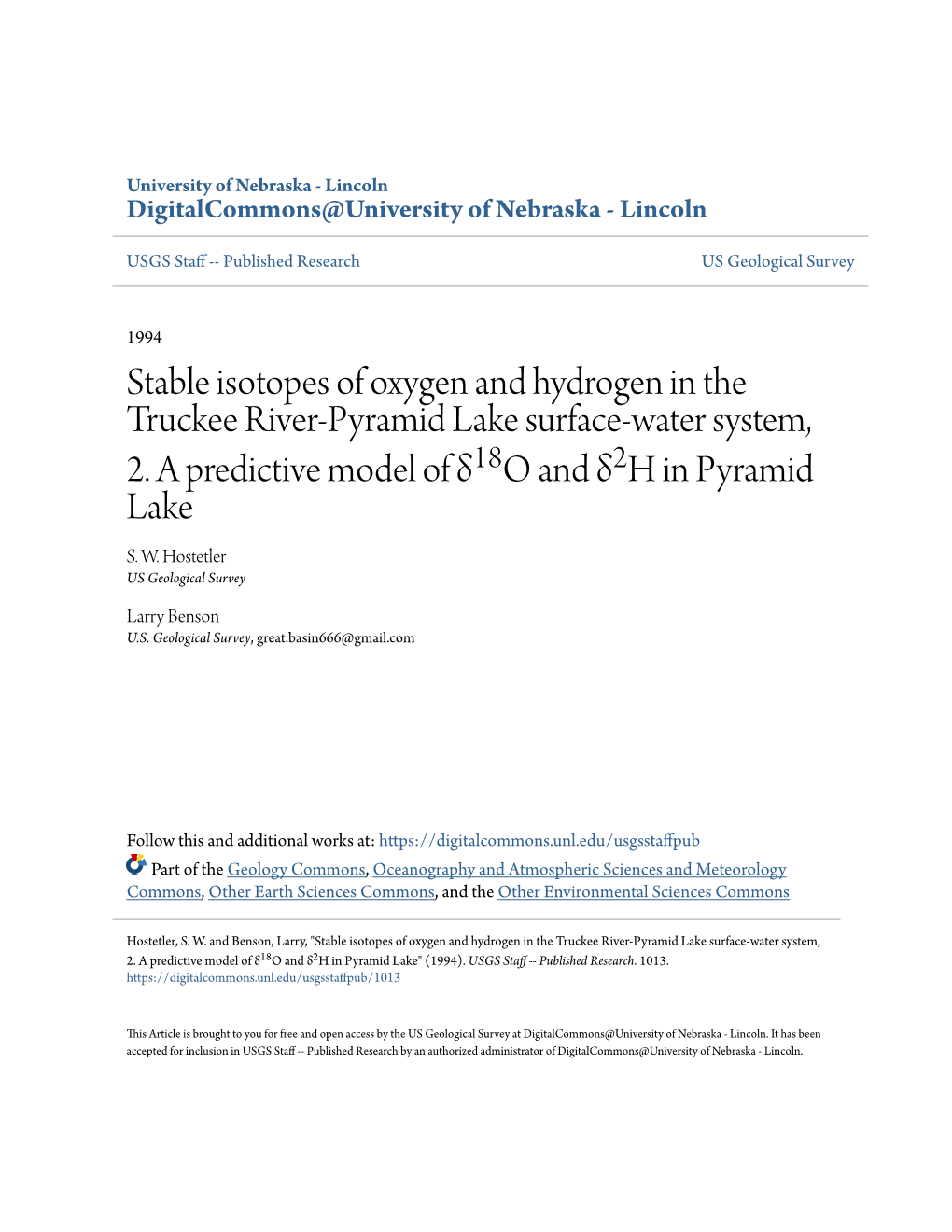 Stable Isotopes of Oxygen and Hydrogen in the Truckee River-Pyramid Lake Surface-Water System, 2