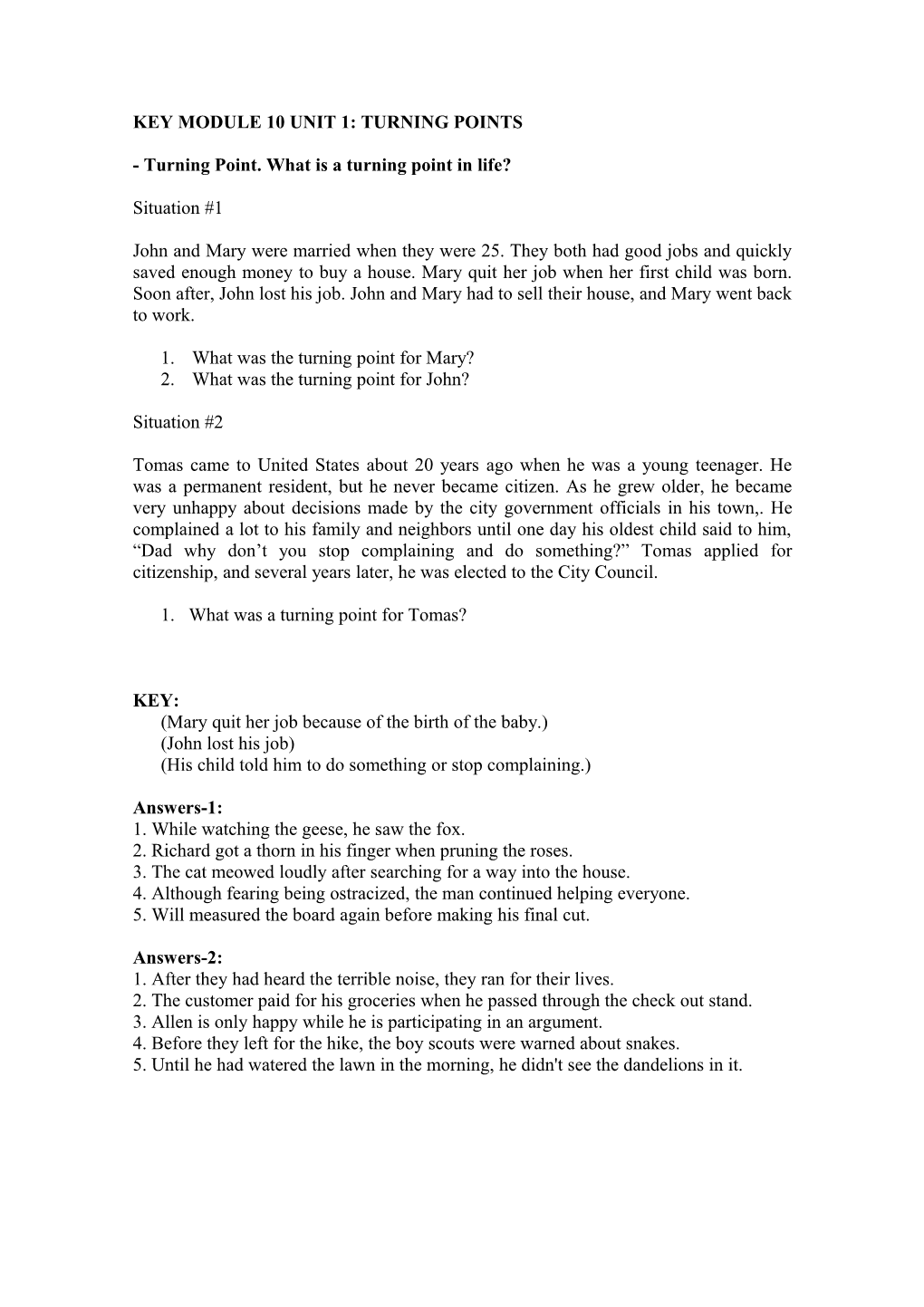 Key Module 10 Unit 1: Turning Points