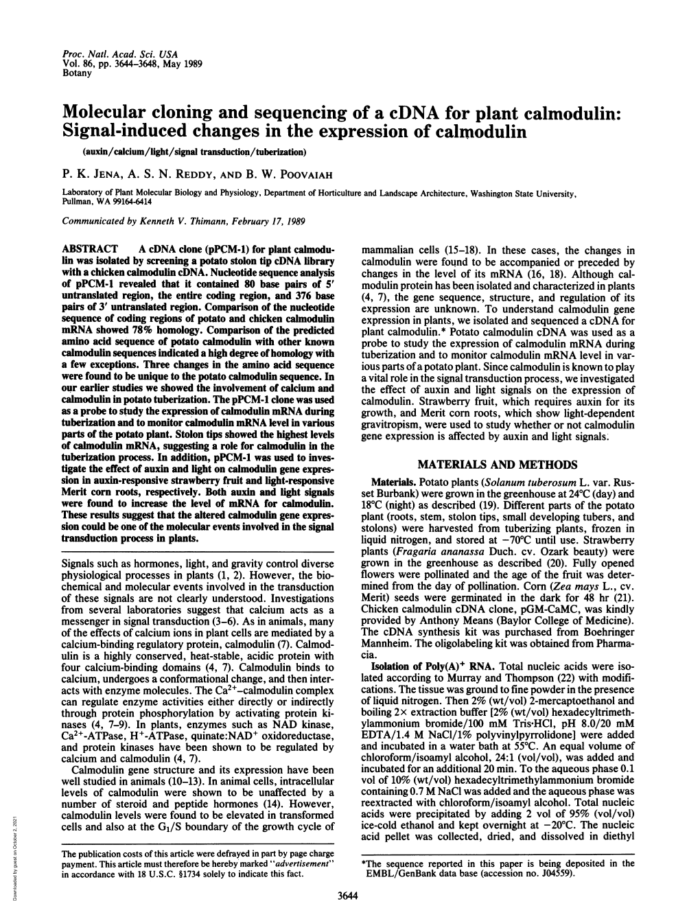 Molecular Cloning and Sequencing of a Cdna for Plant Calmodulin