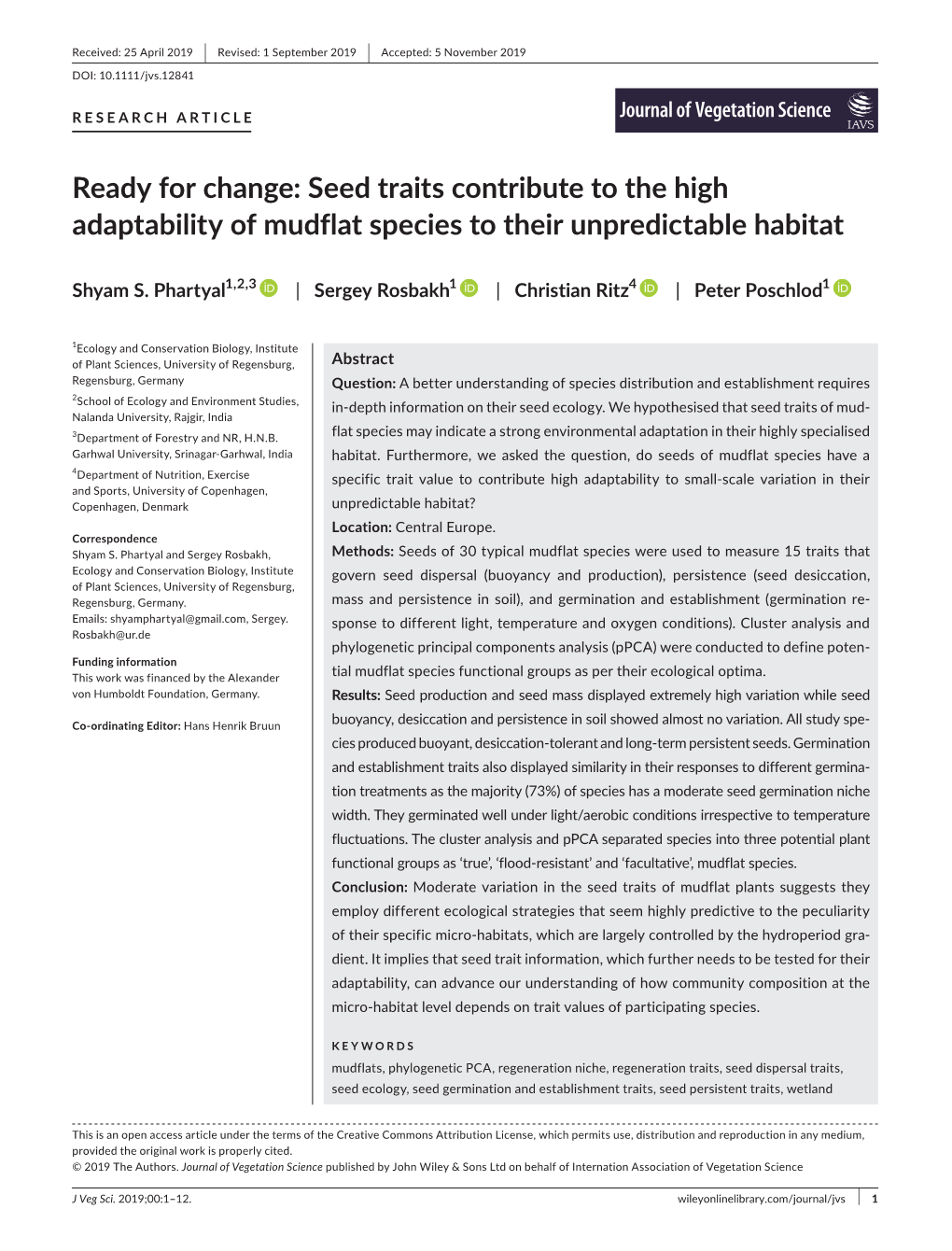 Seed Traits Contribute to the High Adaptability of Mudflat Species to Their Unpredictable Habitat