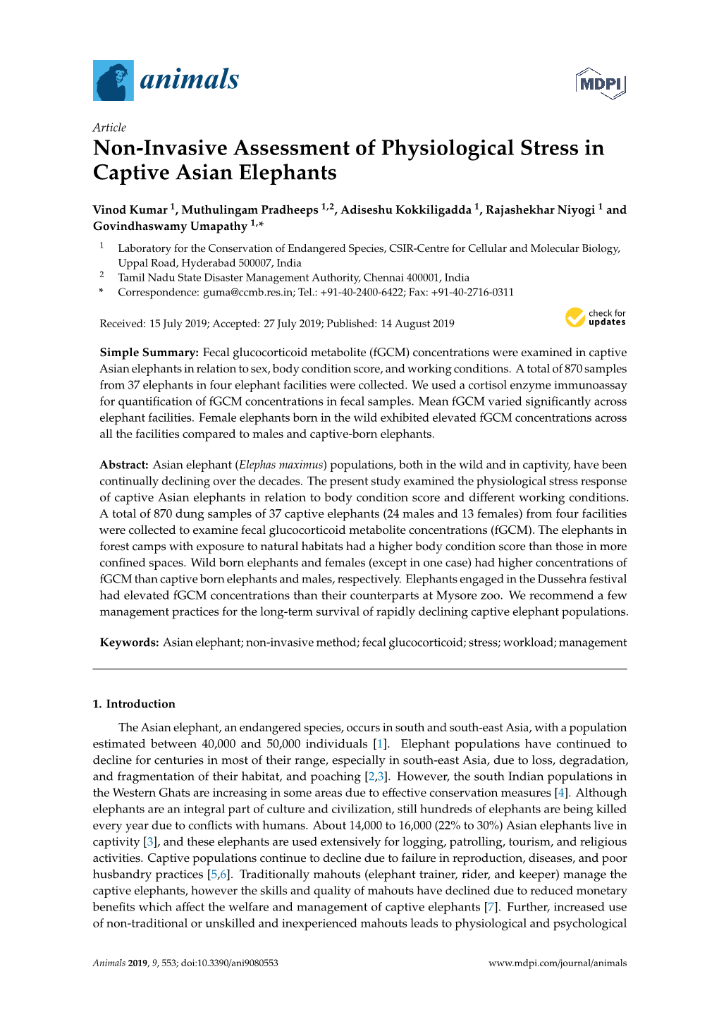 Non-Invasive Assessment of Physiological Stress in Captive Asian Elephants
