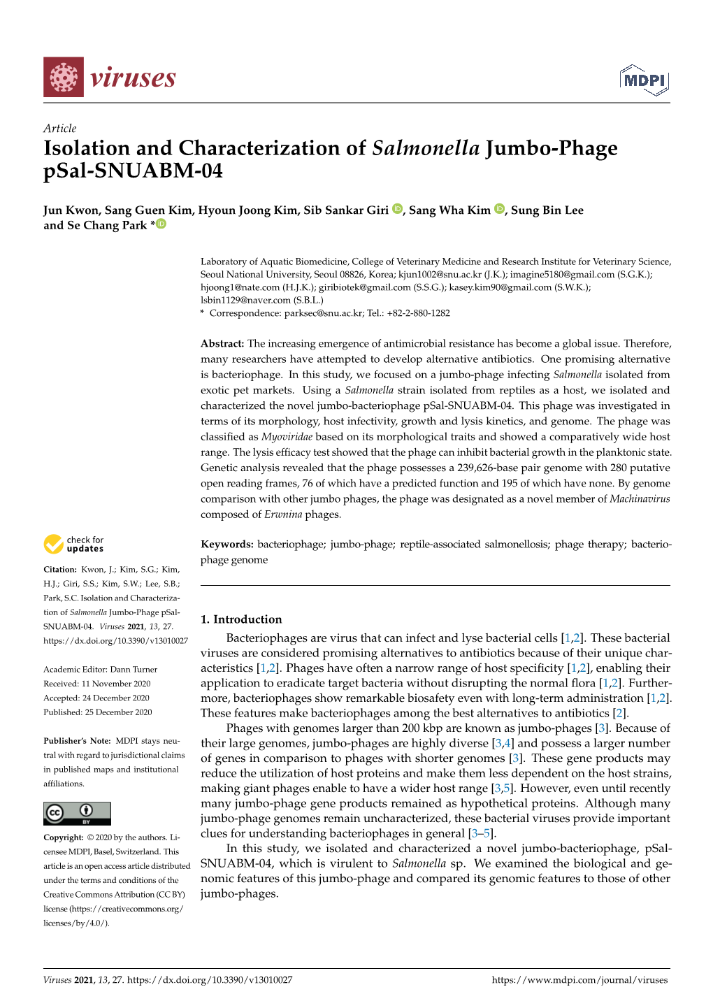 Isolation and Characterization of Salmonella Jumbo-Phage Psal-SNUABM-04