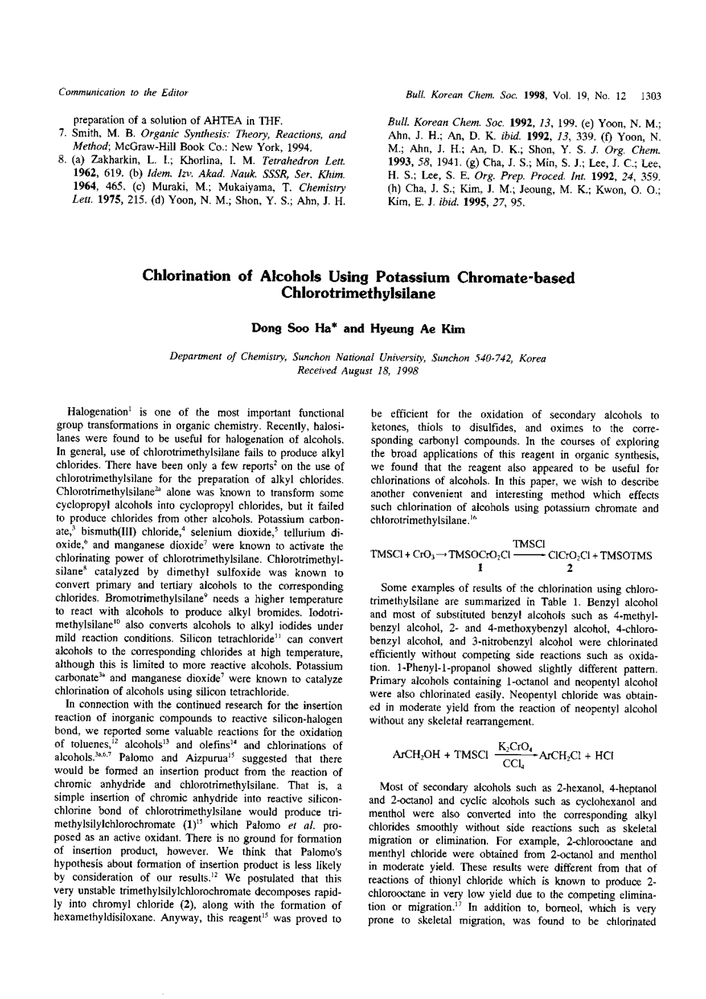 Chlorination of Alcohols Using Potassium Chromate-Based Chlorotrimethylsilane