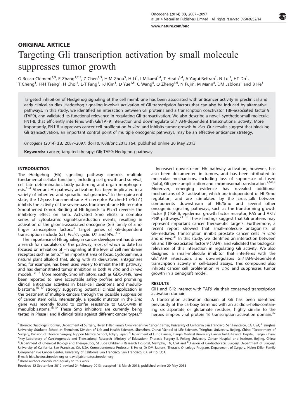 Targeting Gli Transcription Activation by Small Molecule Suppresses Tumor Growth