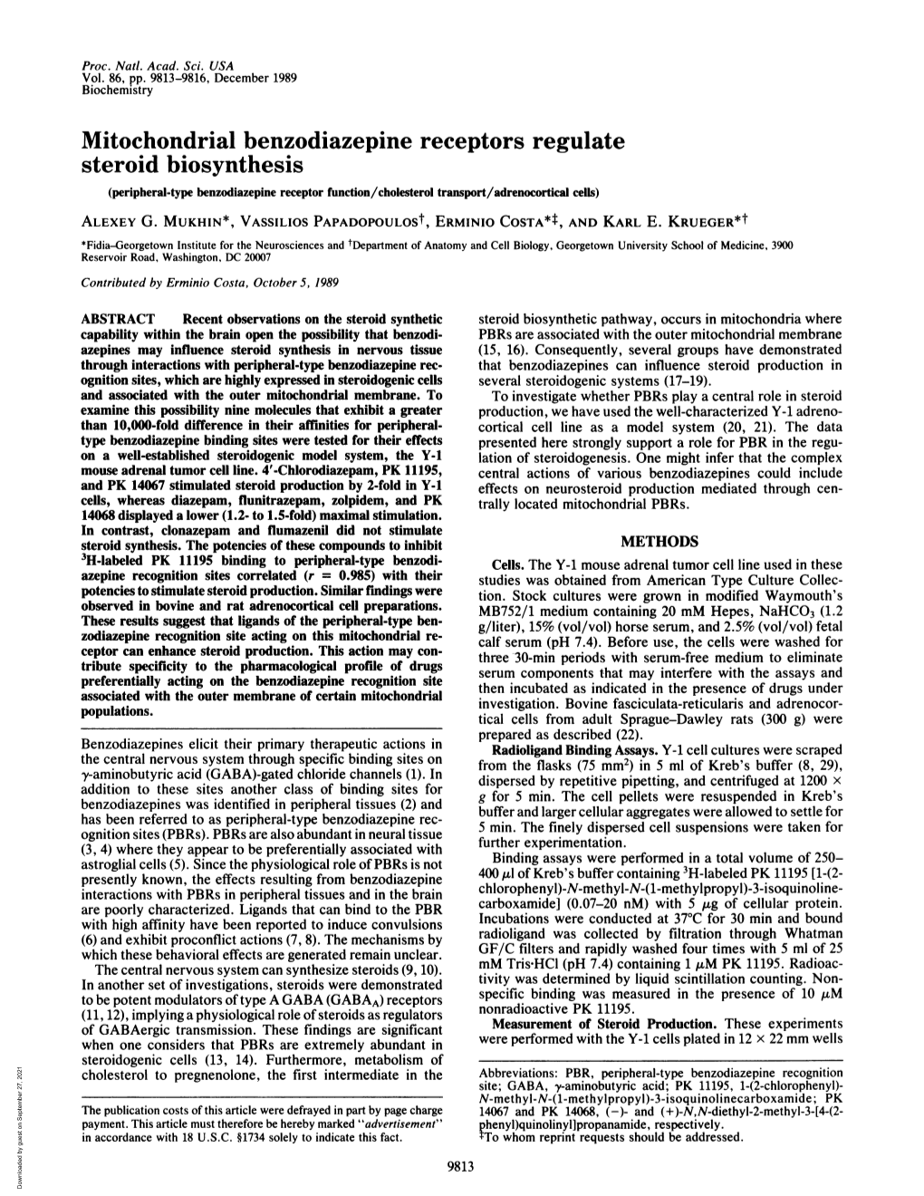 Mitochondrial Benzodiazepine Receptors Regulate Steroid